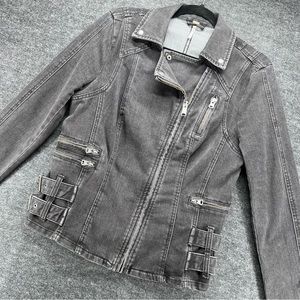 Free People Jacket Womens 8 Washed Black Moto Strap Buckle Zip Stretch